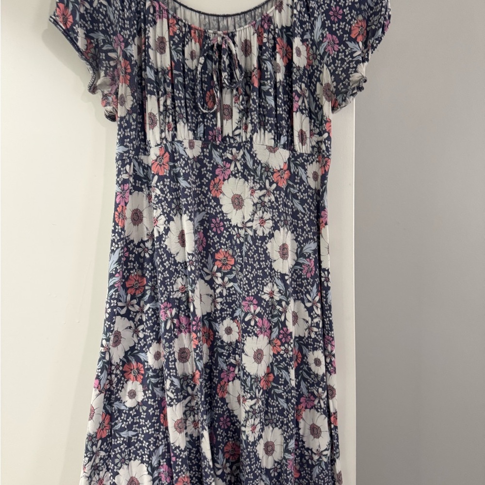 SO White and Blue Ruched Ruffled Sundress